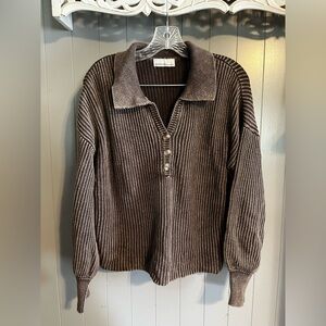 Zenana Washed Collared Henley Sweater cocoa brown mineral wash
